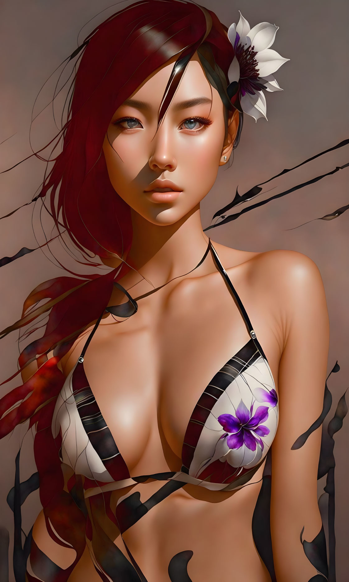 Anime-style woman with red hair and flower in black and white bikini top