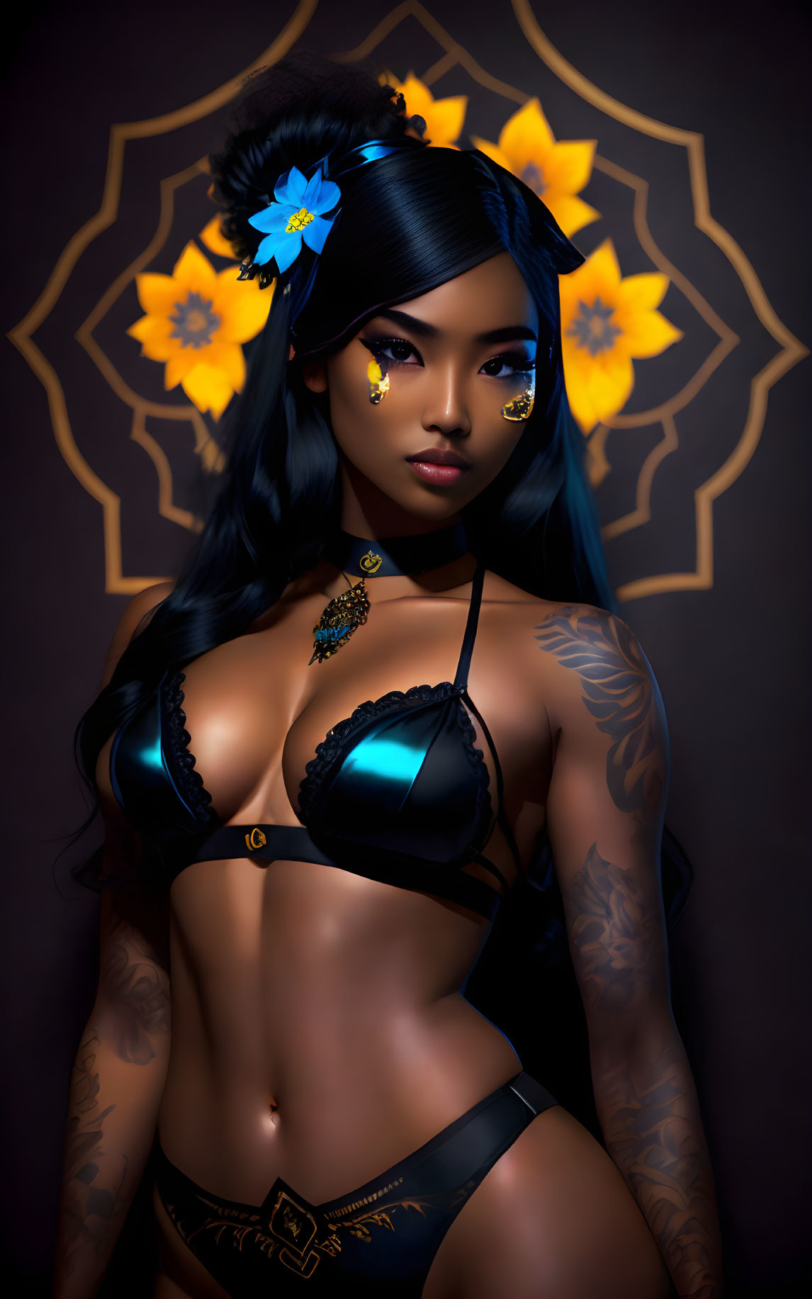 Digital artwork: Woman with tattoos in black lingerie, blue flowers in hair, gold makeup.