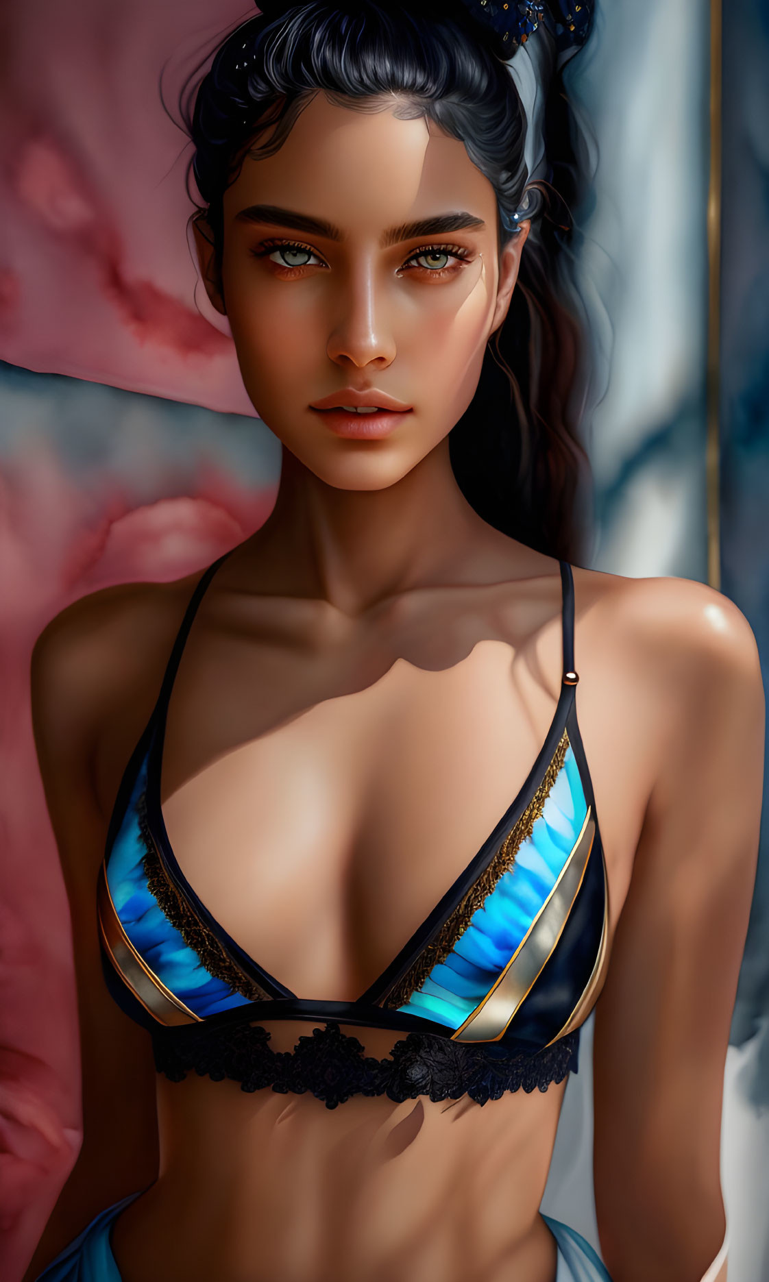 Stylized digital artwork: Dark-haired female in intricate updo, black and blue bikini, pink