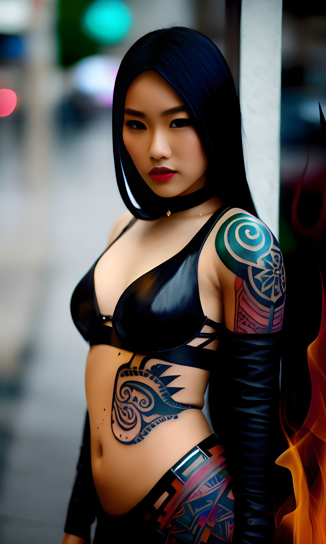 Dark-haired woman with tattoos in black outfit against urban backdrop.