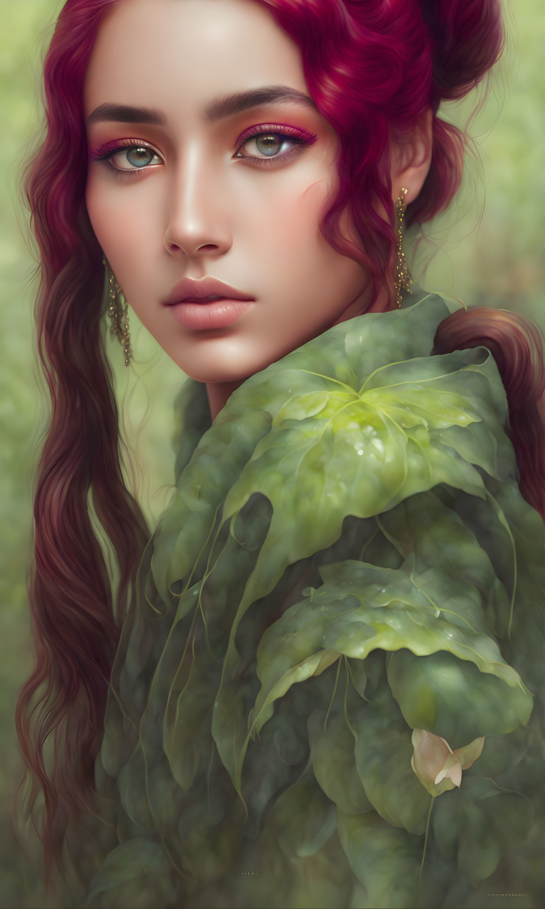Vibrant red hair, green eyes, pink makeup: Woman portrait with gold earrings and leafy