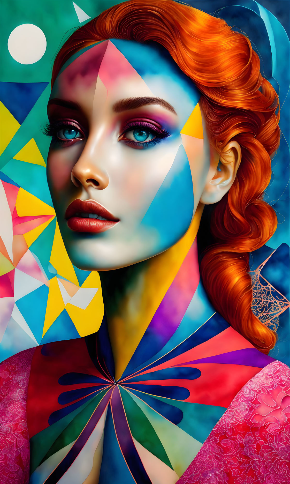 Vibrant geometric patterns overlay woman's face in digital artwork