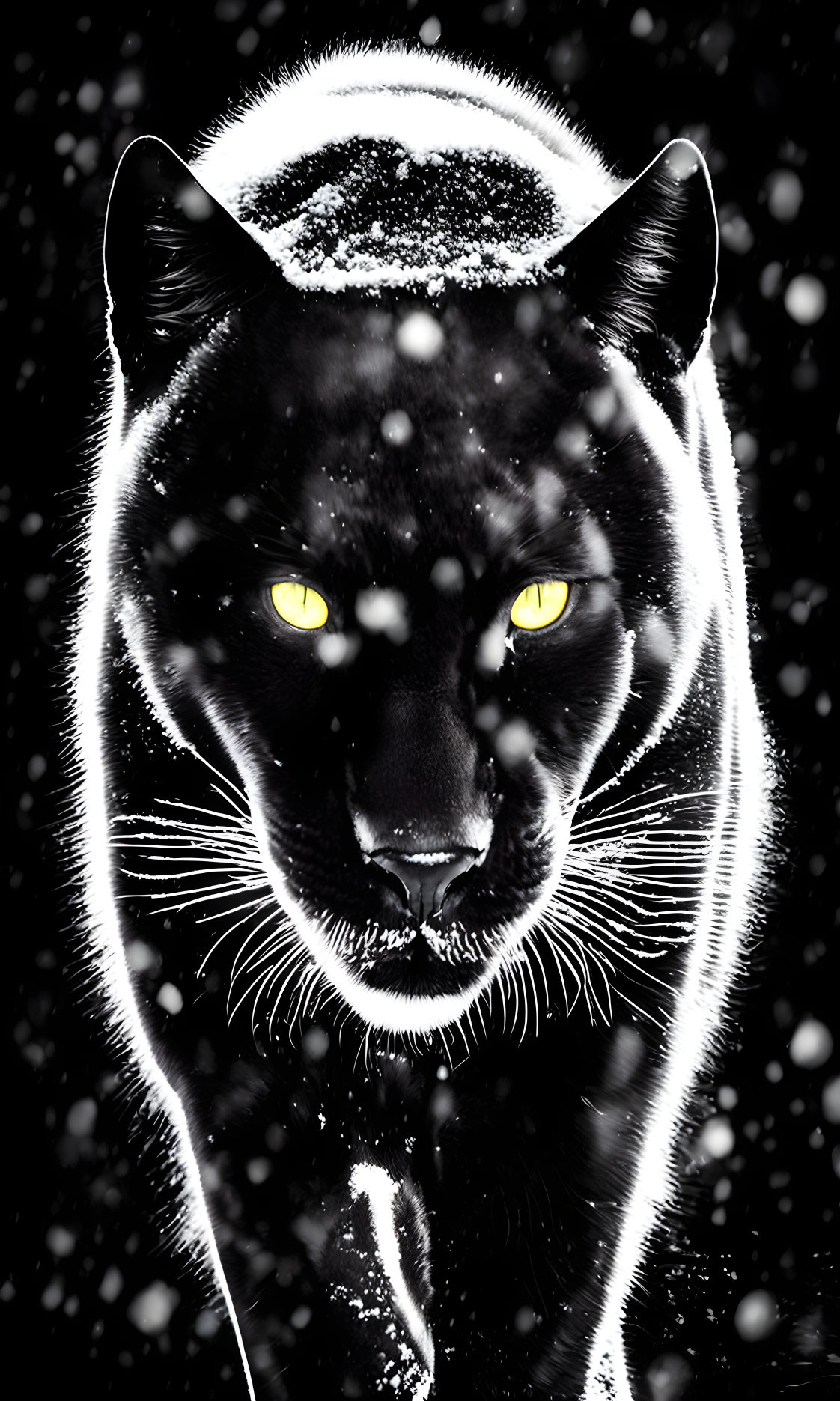 Black panther with intense yellow eyes in snowfall