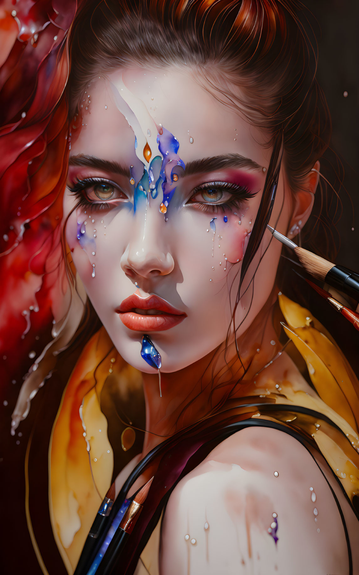 Vivid digital artwork of a woman with paint drips, brush, and realistic details