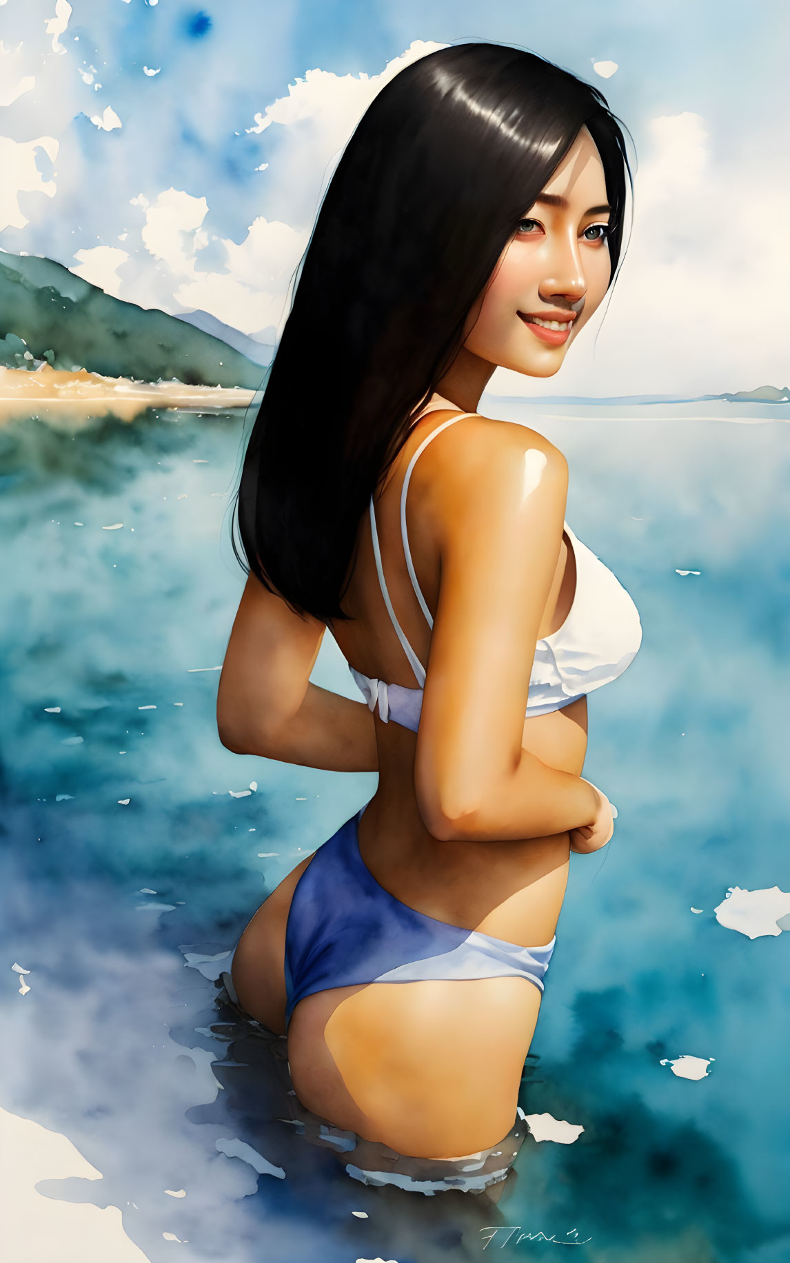 Illustrated woman in white and blue bikini at beach with clear water background