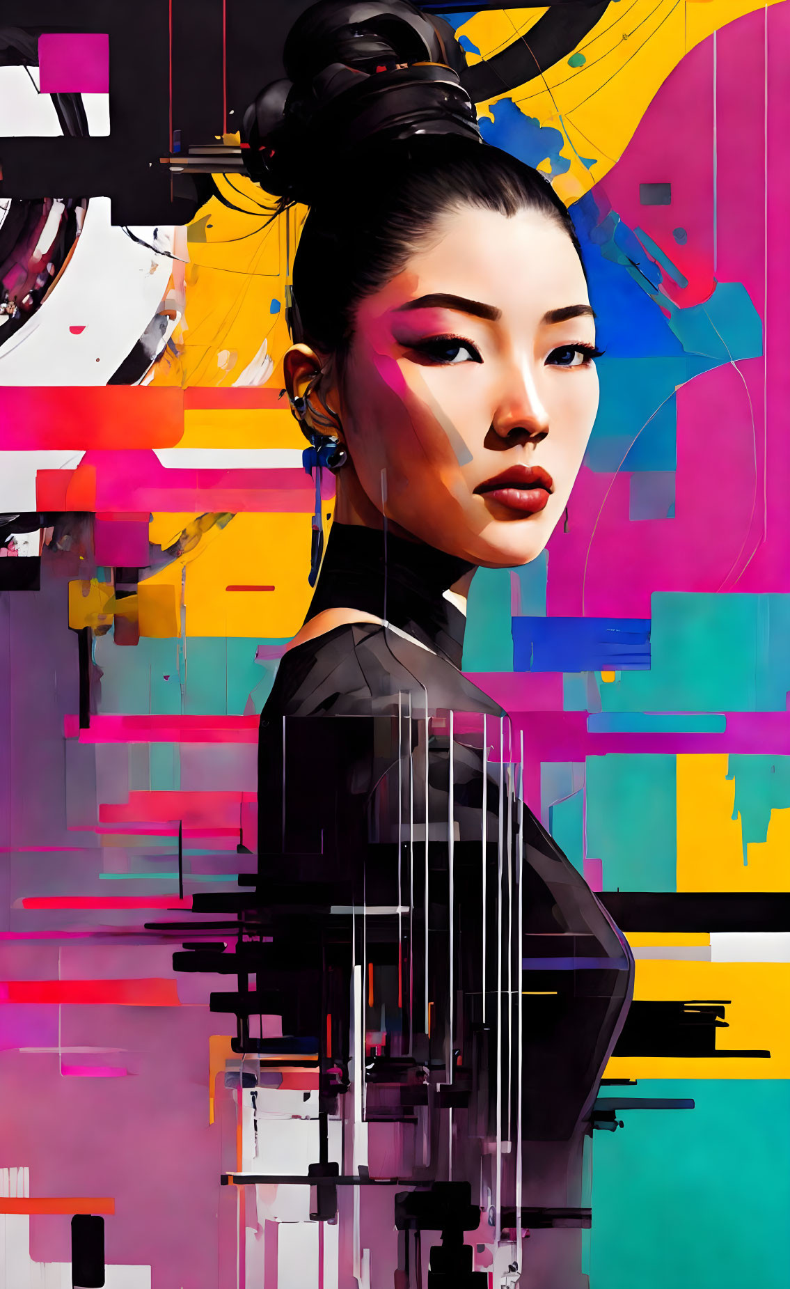 Woman with stylized bun in vibrant abstract background in pink, yellow, and black