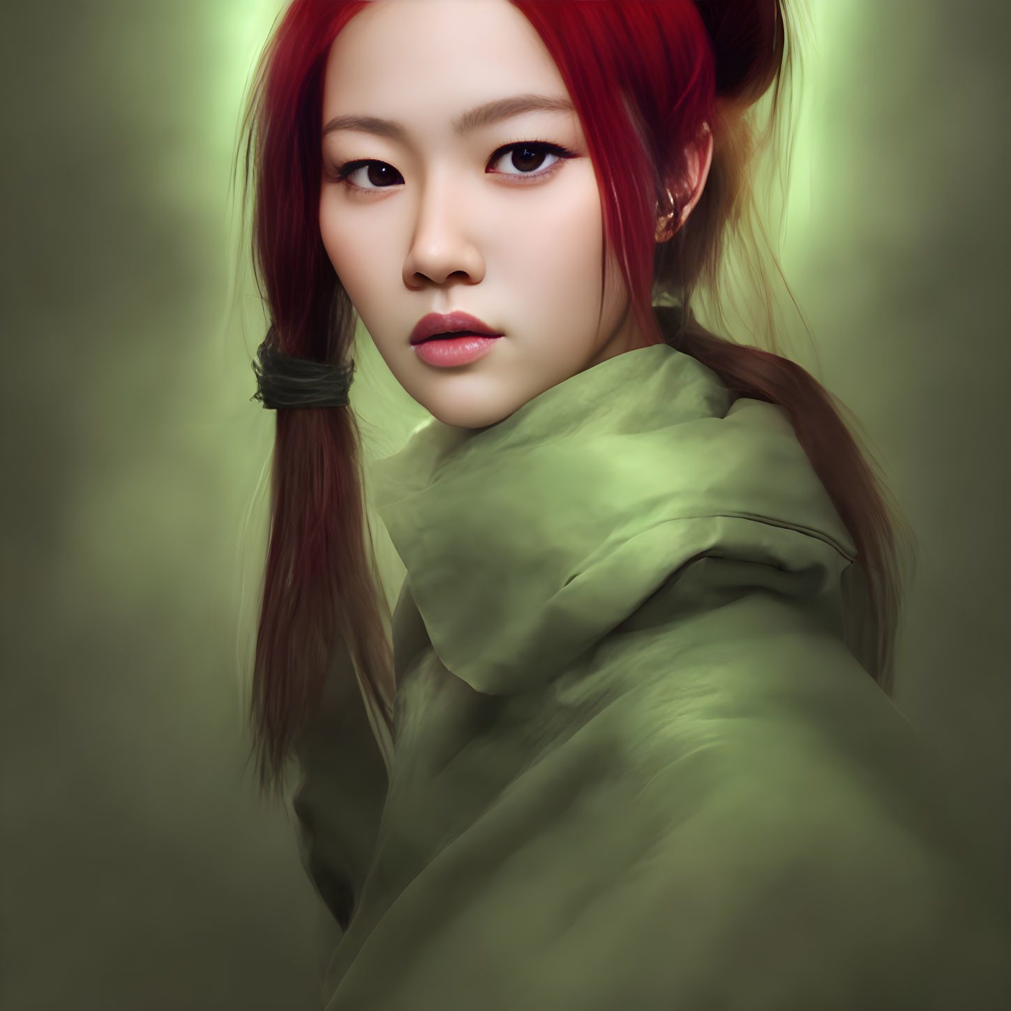 Woman with Red Hair and Intense Gaze in Green Outfit on Misty Background