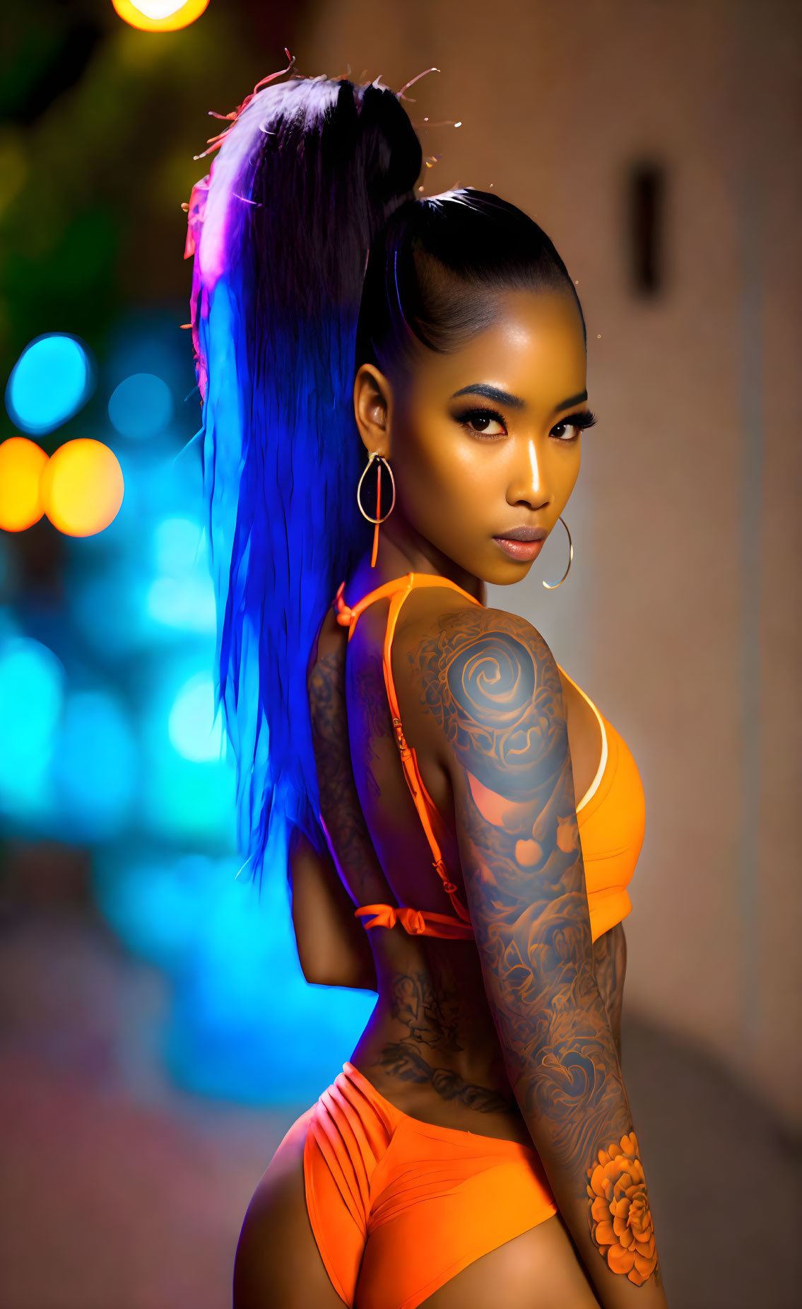 Tattooed woman in orange bodysuit with high ponytail on bokeh light background