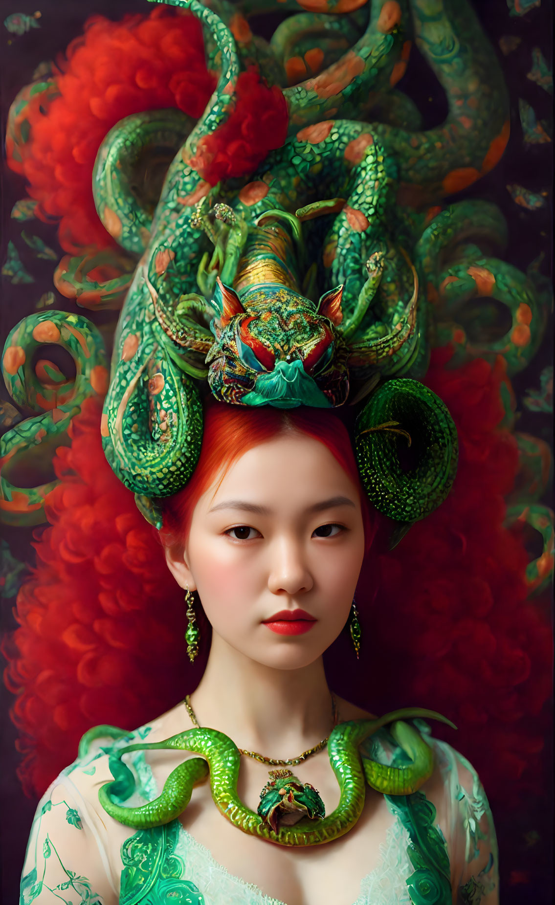 Woman with vibrant red hair and green snakes coiled around her, wearing traditional attire.