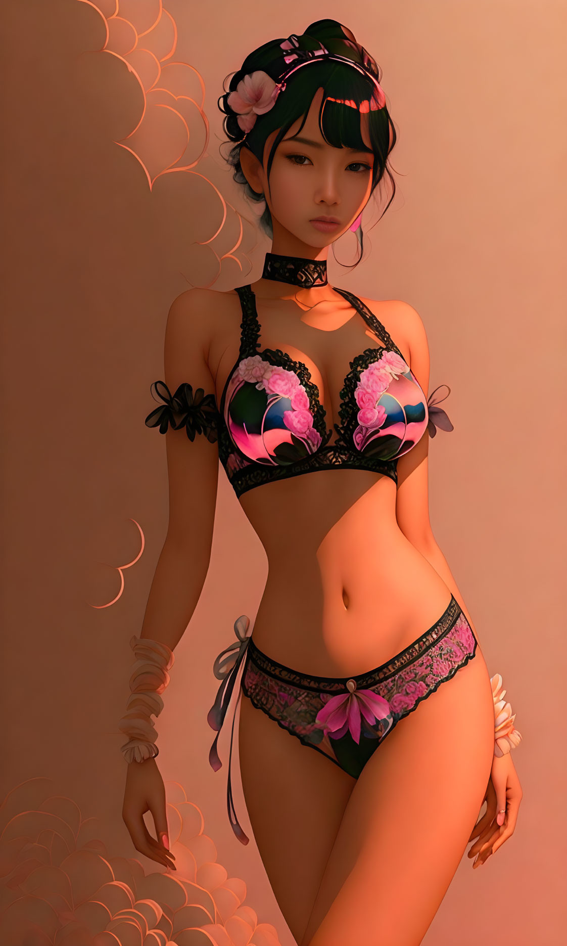 Floral-themed lingerie woman in 3D against peach background