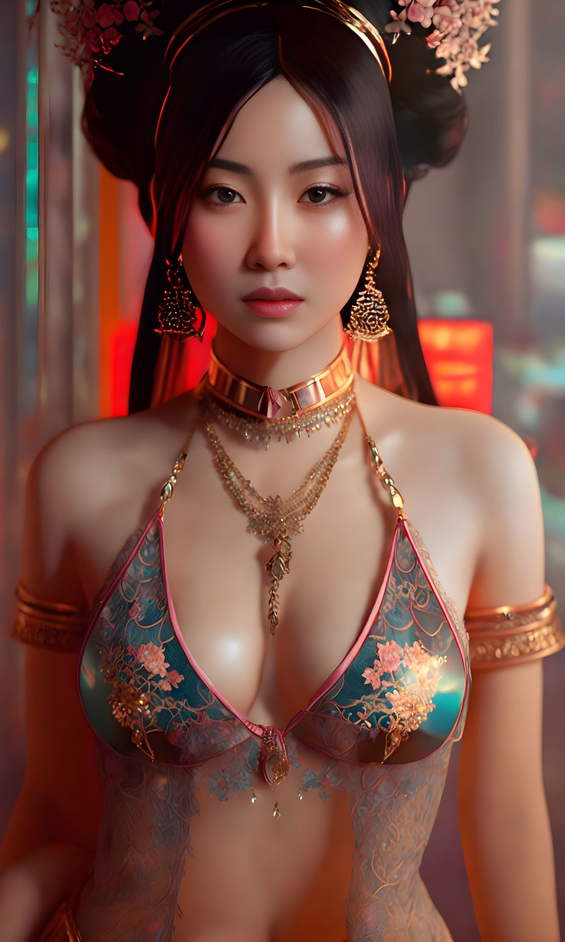 Digital artwork featuring woman in ornate jewelry and traditional attire against red backdrop.