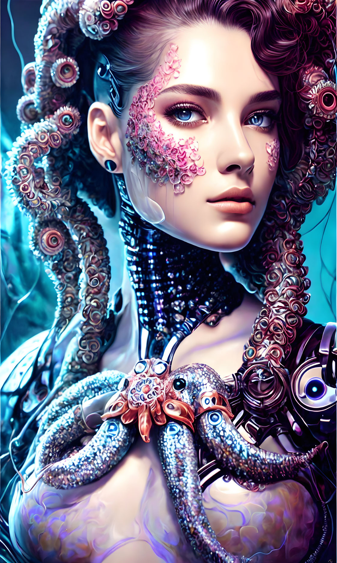 Digital artwork: Woman with octopus & intricate patterns, blending organic & mechanical elements in cool blue tones