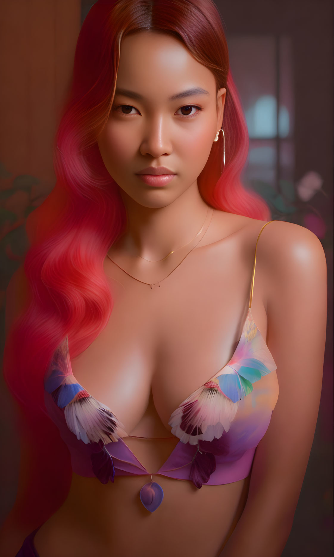 Vibrant pink hair woman in colorful feather bra on warm background