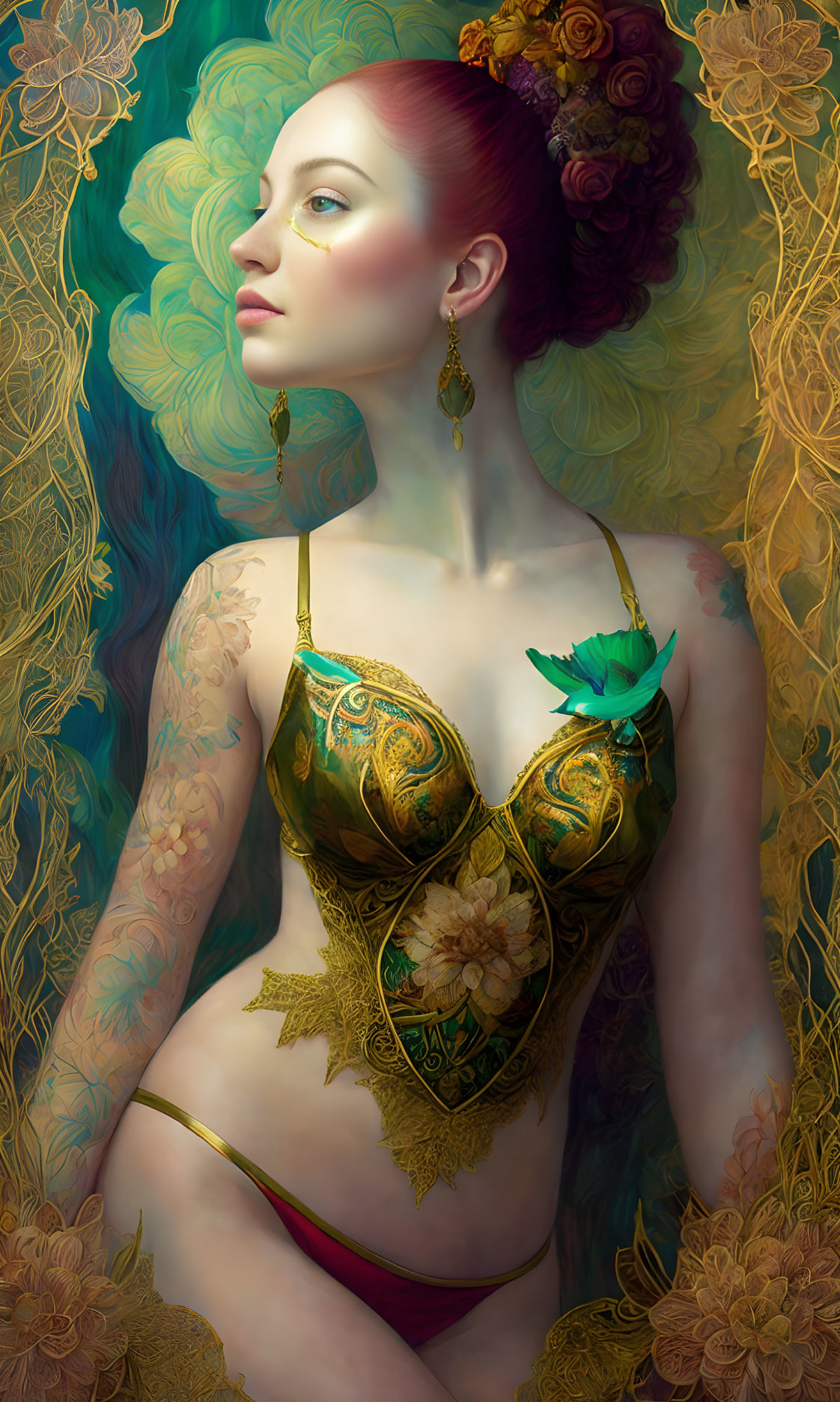 Portrait of a woman with red hair, green corset, floral tattoos, and golden foliage backdrop