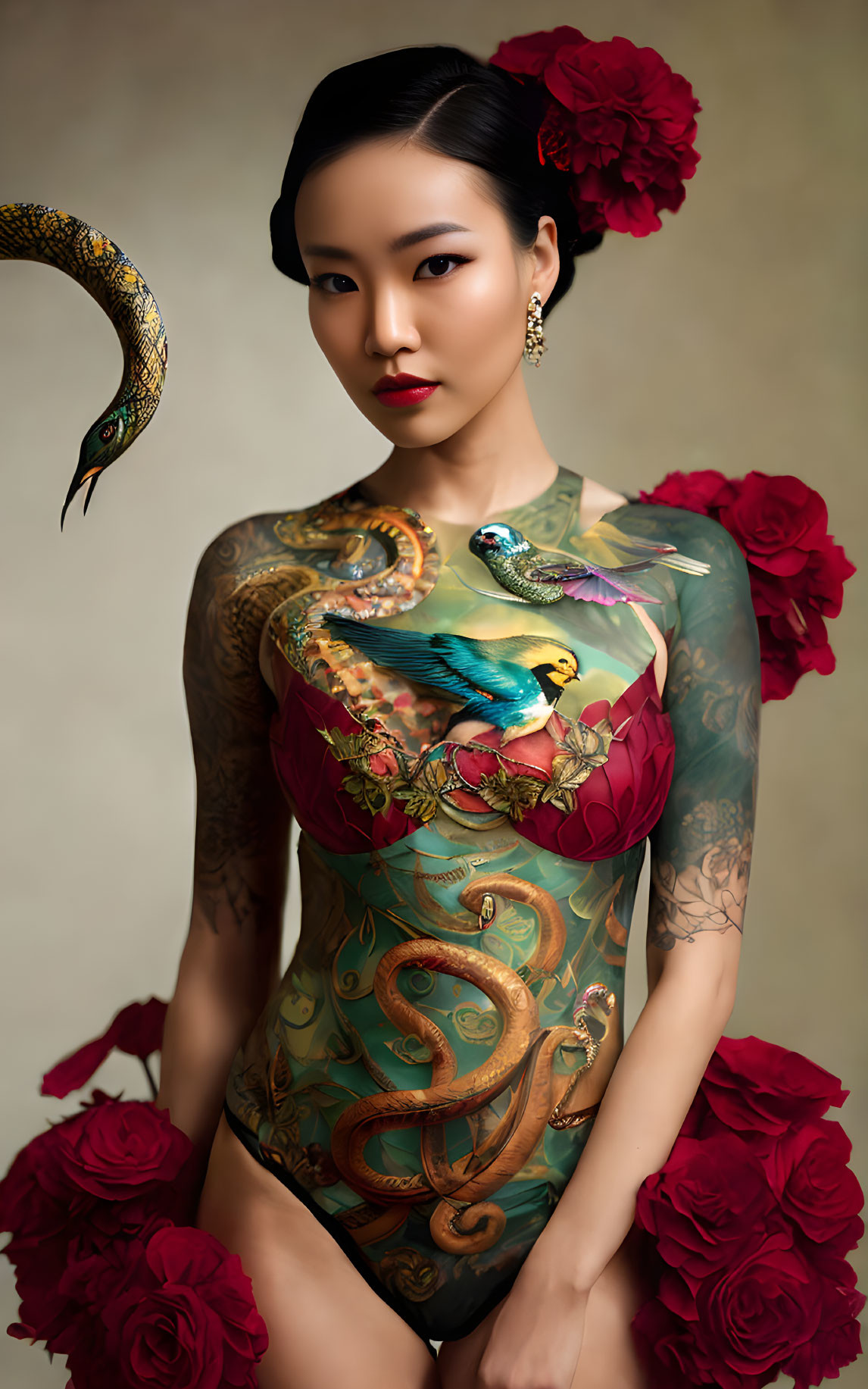 Woman in body suit with snake and bird designs surrounded by red flowers and facing hovering snake with patterned