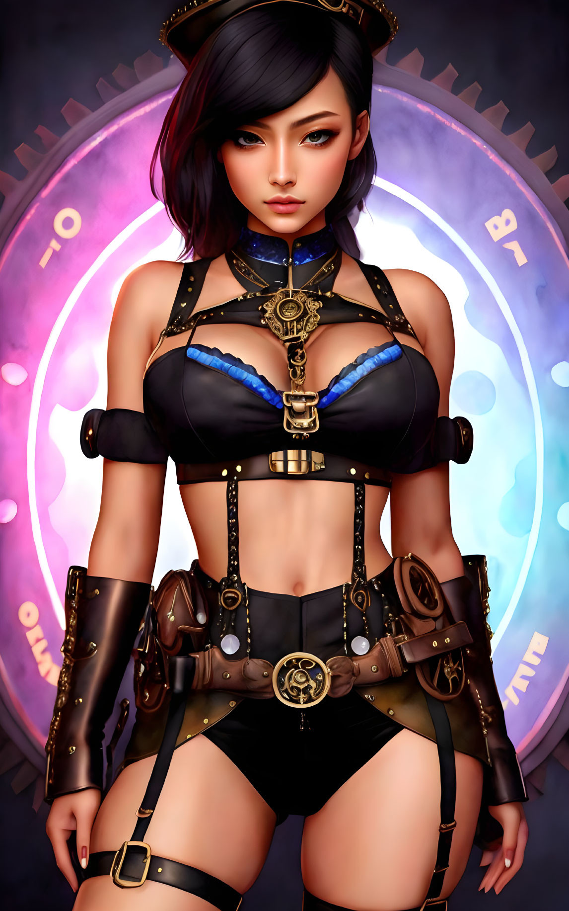 Digital Illustration: Woman with Short Black Hair in Steampunk Outfit on Purple Background