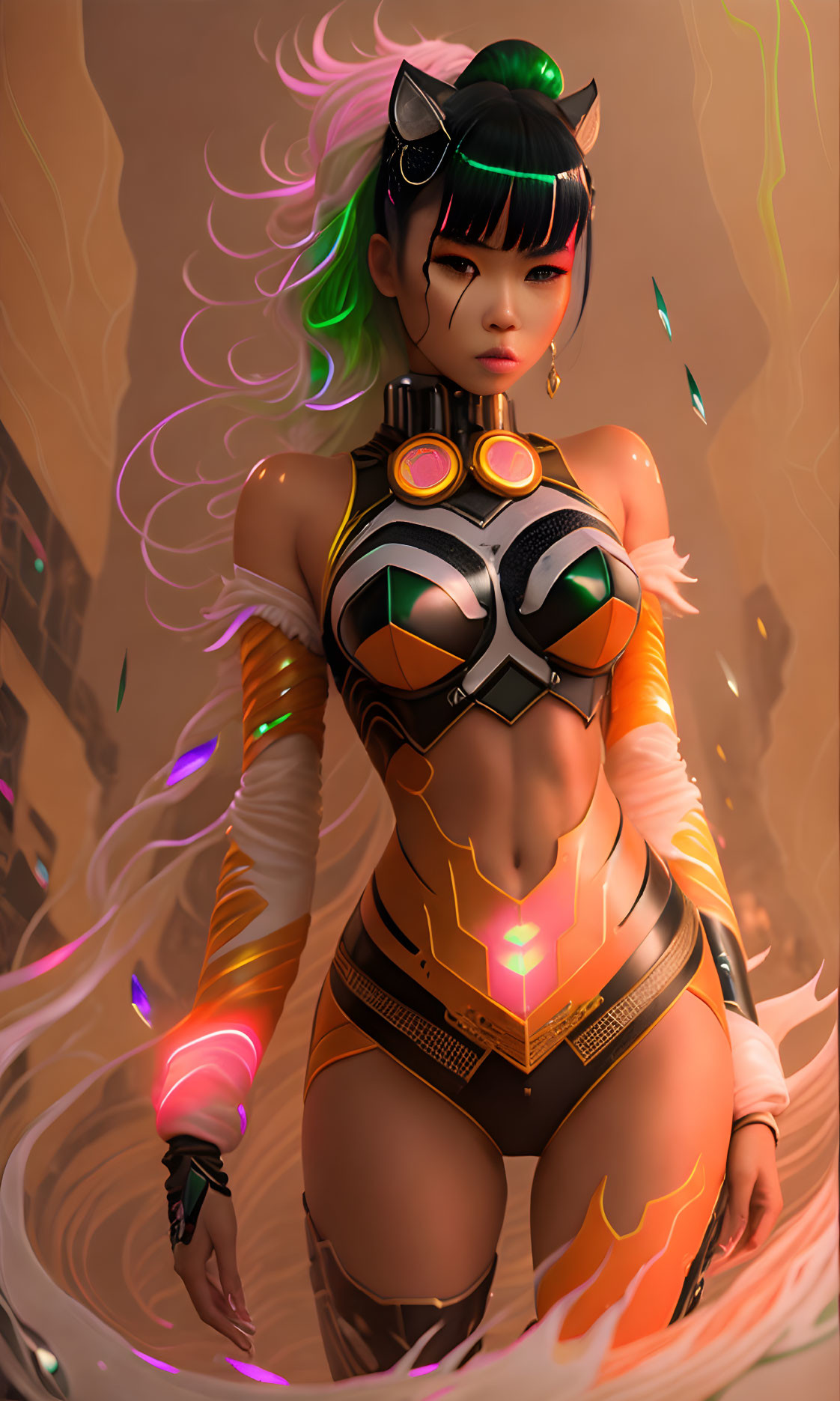 Futuristic digital illustration of female character with cat ears and cyberpunk goggles