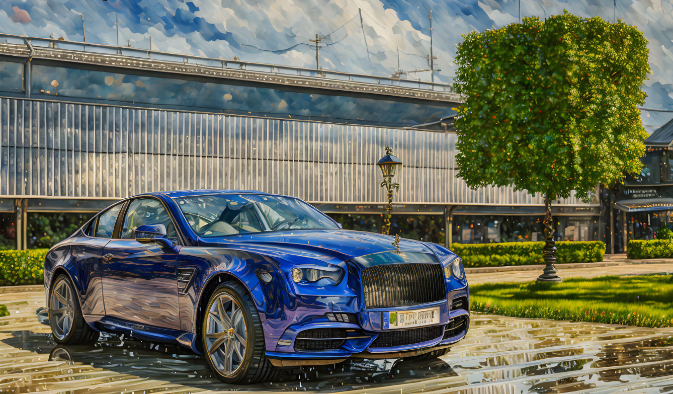 Luxury blue car parked on wet street outside modern building with green trees.