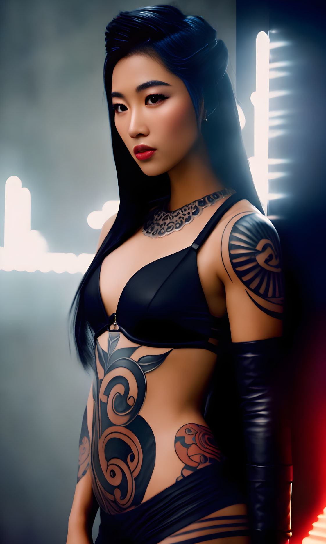 Stylized portrait of confident woman with tattoos and neon lights