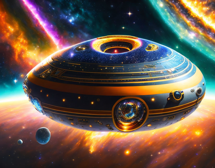 Circular Design Spaceship Gliding Through Vibrant Galaxy