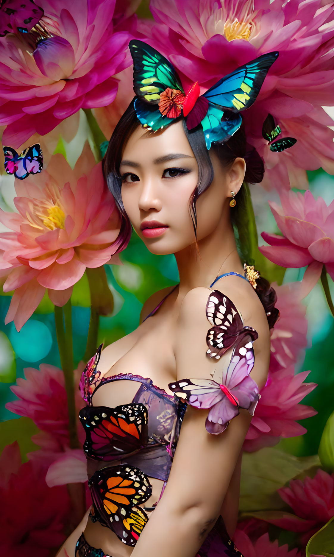 Colorful Butterfly Decorated Woman Poses Among Pink Flowers