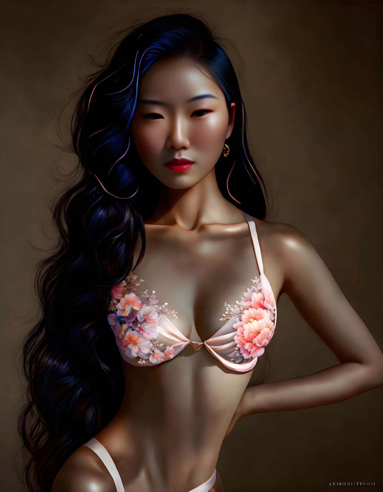 Illustration of woman with long wavy hair in floral bikini top on brown background