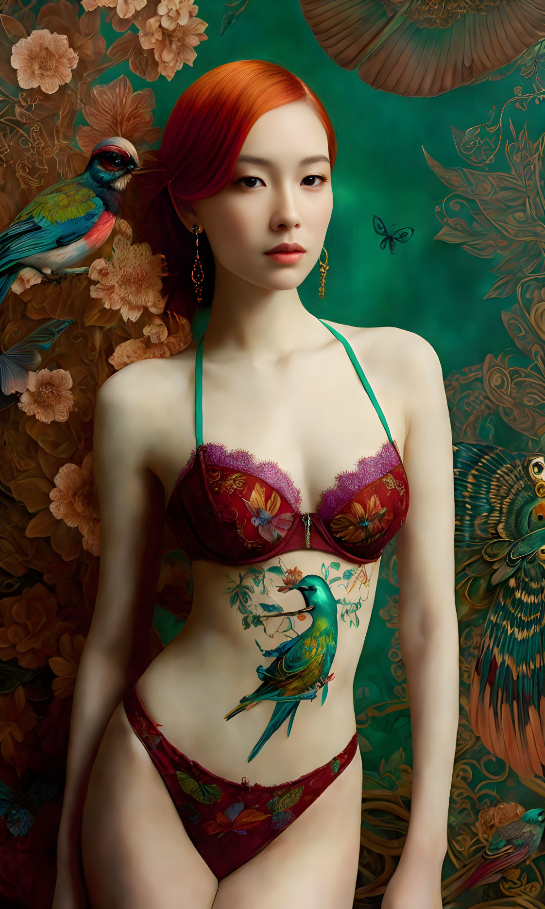 Red-haired woman with bird tattoos in swimwear on floral backdrop with illustrated birds & insects