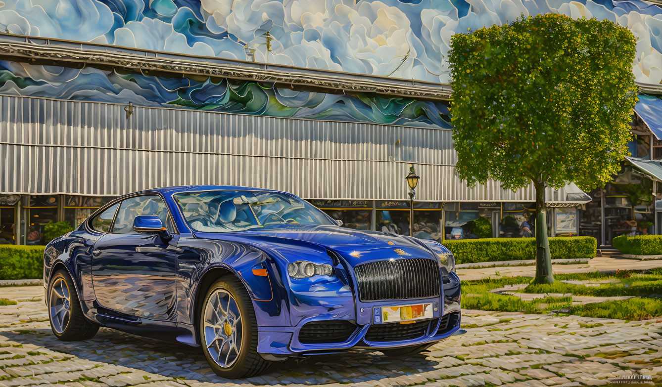 Luxury Blue Car Parked in Front of Wave-Patterned Building