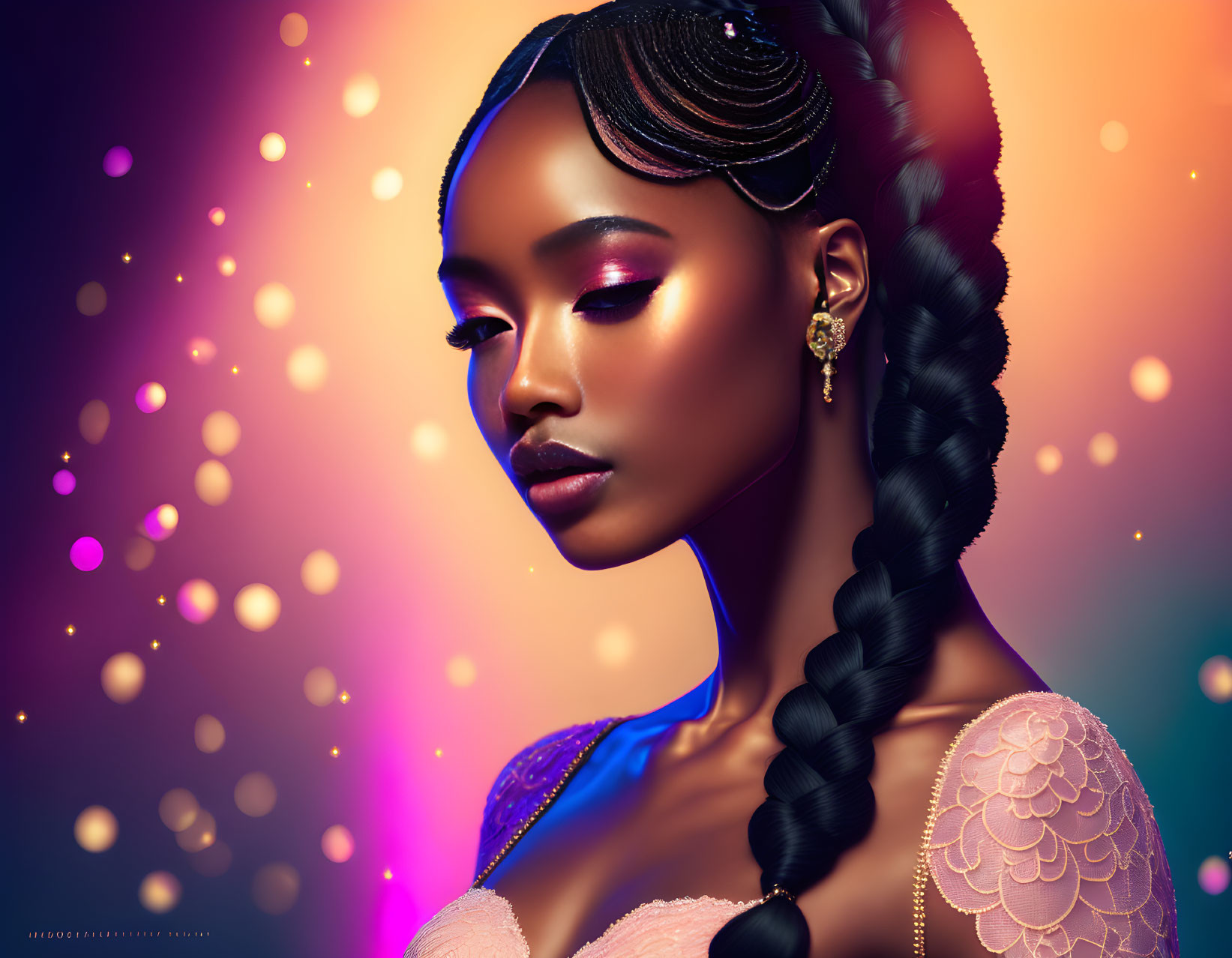 Portrait of Woman with Elaborate Braided Hair and Striking Makeup on Multicolored Bokeh