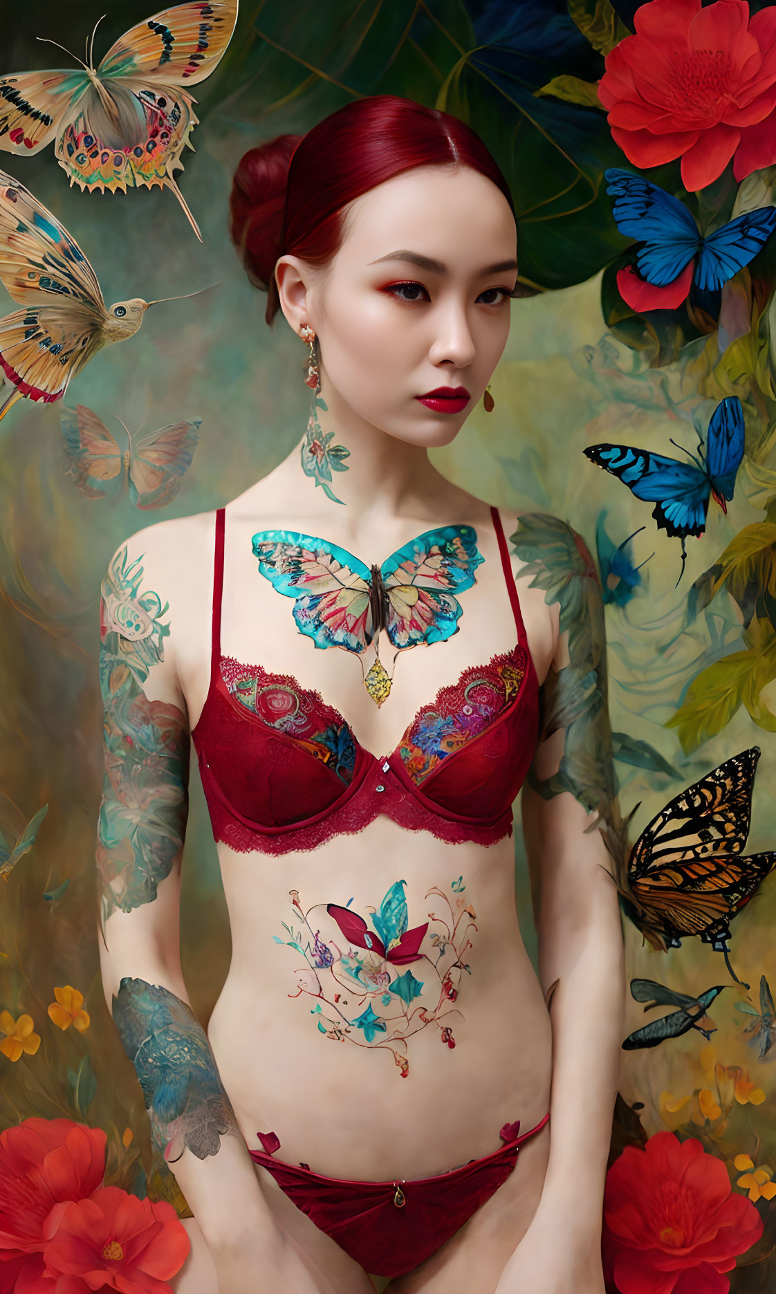 Woman with Red Lipstick and Butterfly Adorned Hair in Red Lingerie