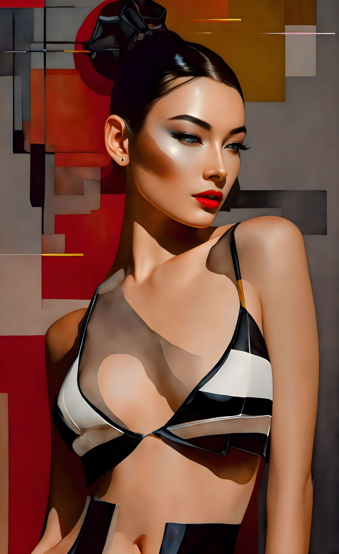 Stylized digital artwork of woman with sleek hair and red lipstick