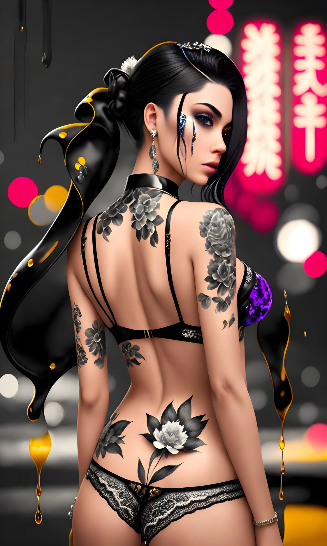 Digital artwork: Woman with black hair, floral tattoos, black lingerie, Asian neon backdrop