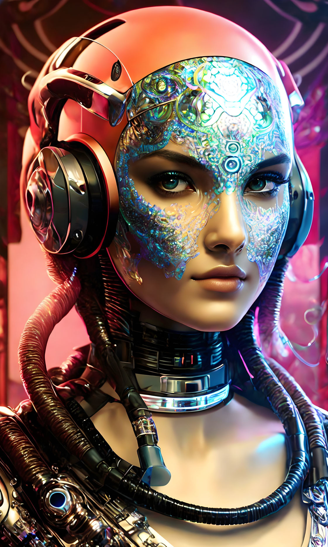 Detailed futuristic female android with cybernetic head and headphones on red patterned background