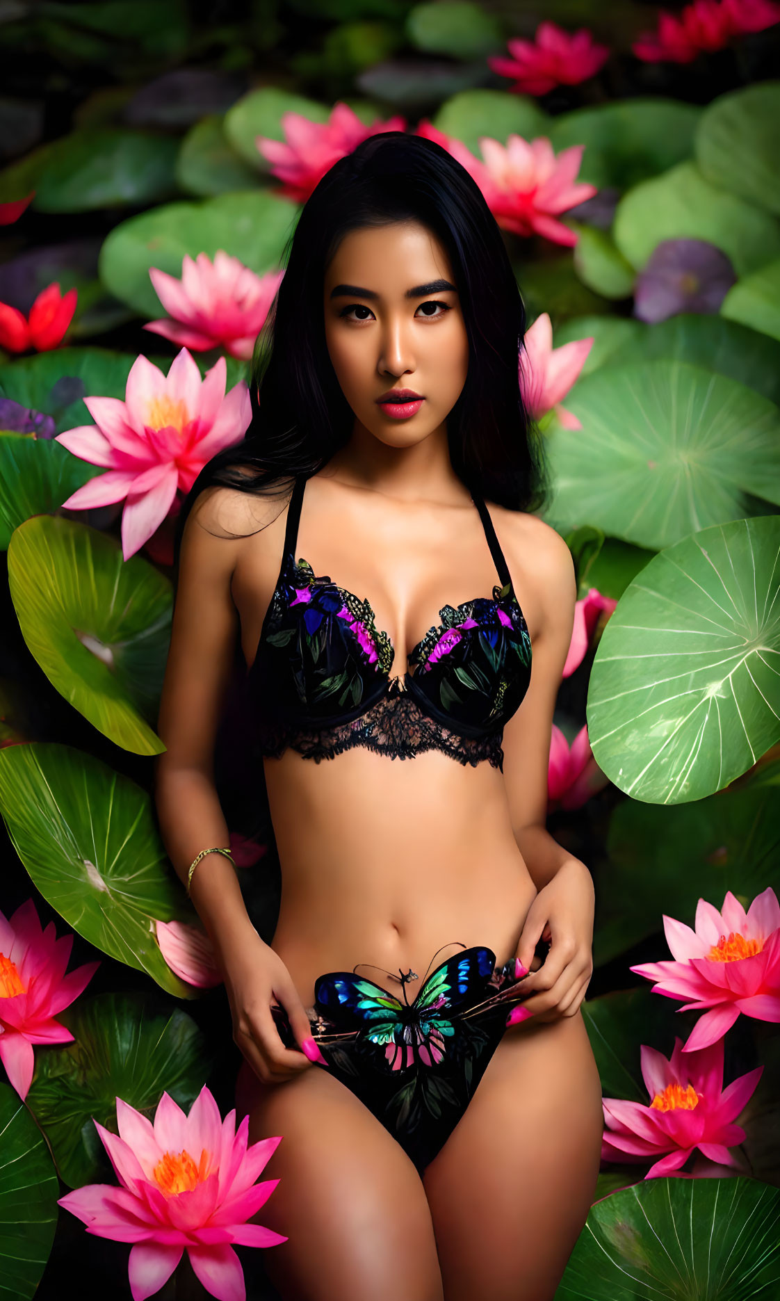 Woman in Black Bikini with Butterfly Patterns Among Pink Water Lilies and Green Leaves