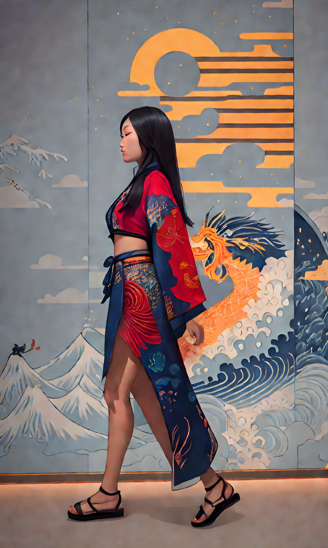 Profiled woman in red and blue kimono against Japanese mural.