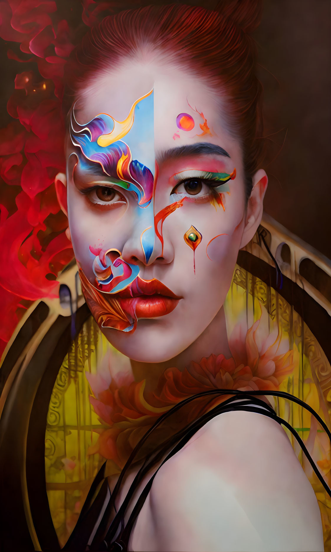 Vibrant surrealist portrait of a woman with abstract face paint on dark background