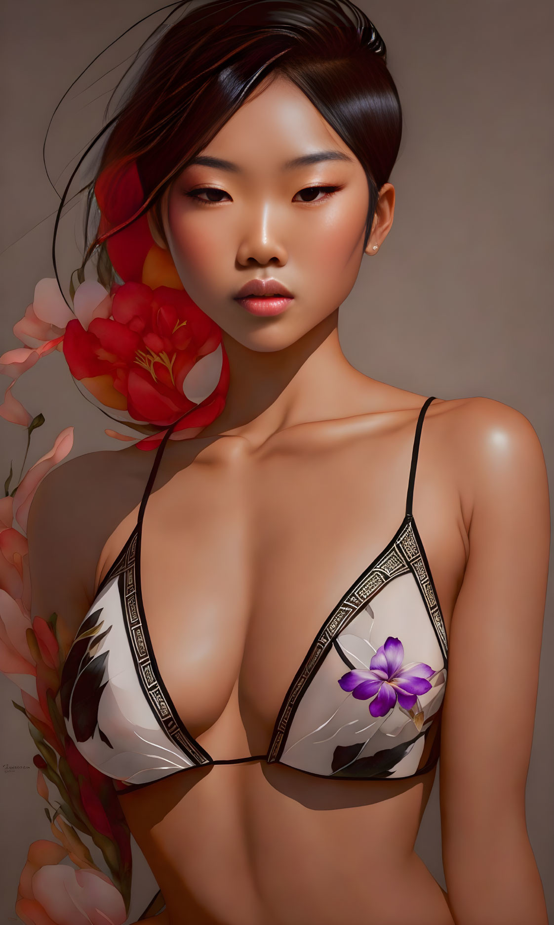 Asian woman in floral bra gazes back over shoulder