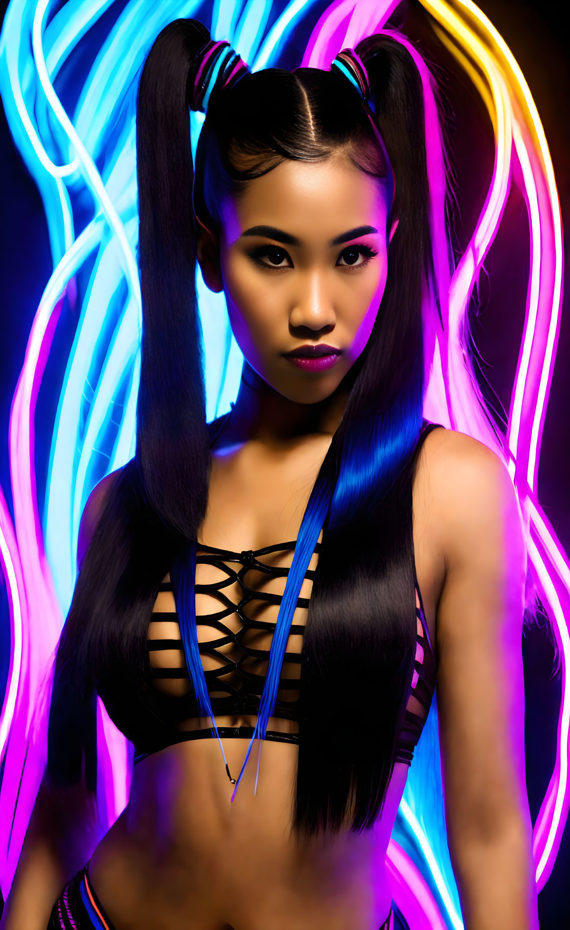 Woman with pigtails in strappy top under blue and yellow neon light trails