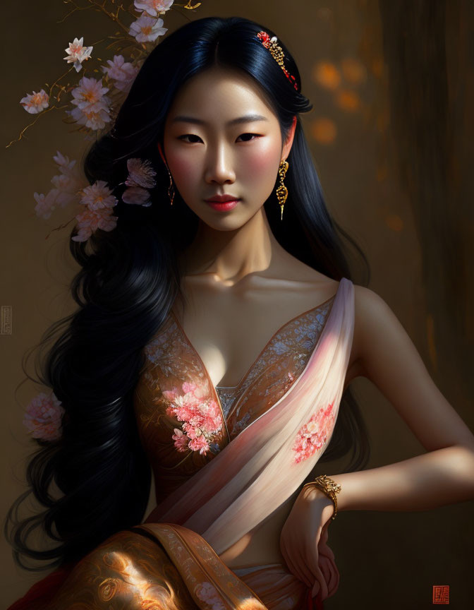 Digital Artwork: Woman in Traditional Attire with Cherry Blossom Backdrop