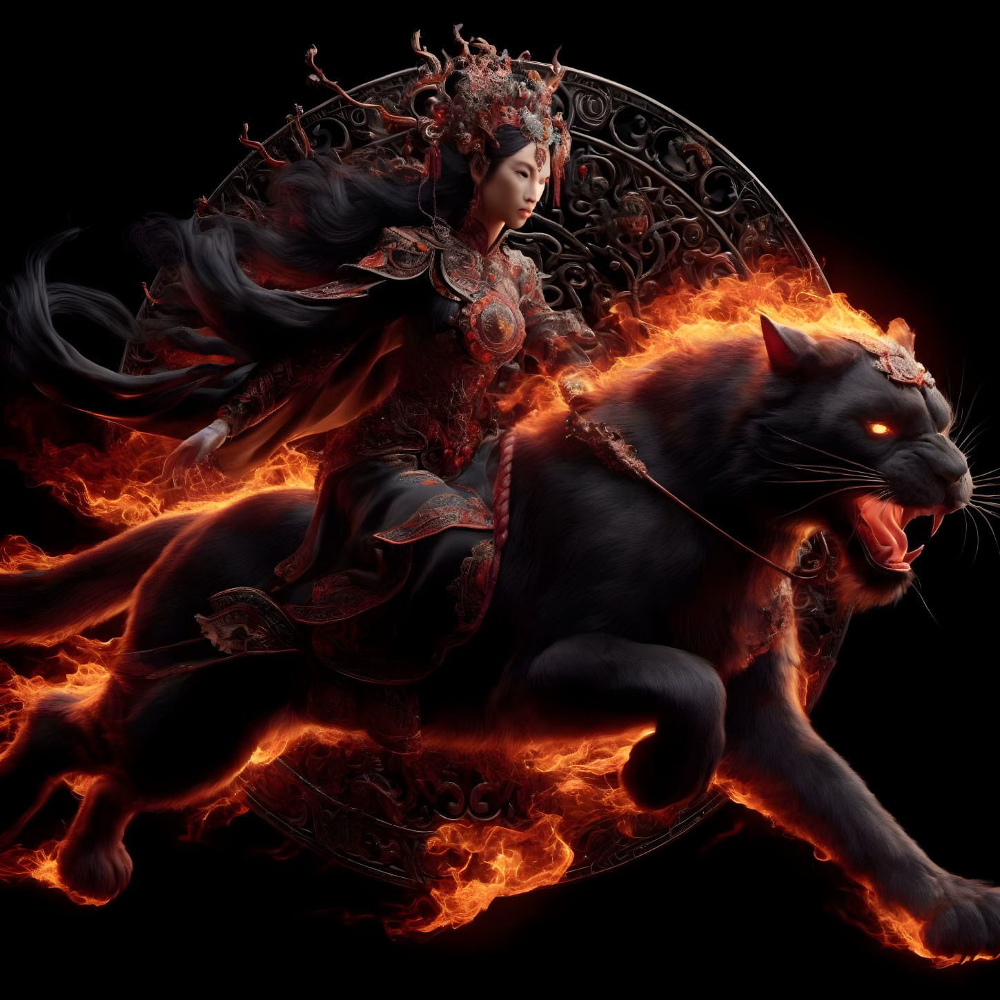 Armored woman on flaming black beast with glowing eyes and intricate headdress.