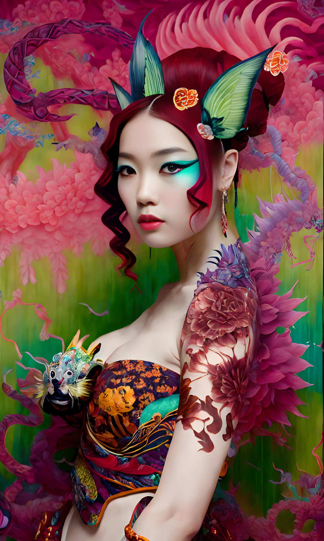 Elaborate fantasy makeup woman with horns and vibrant tattoos on floral backdrop