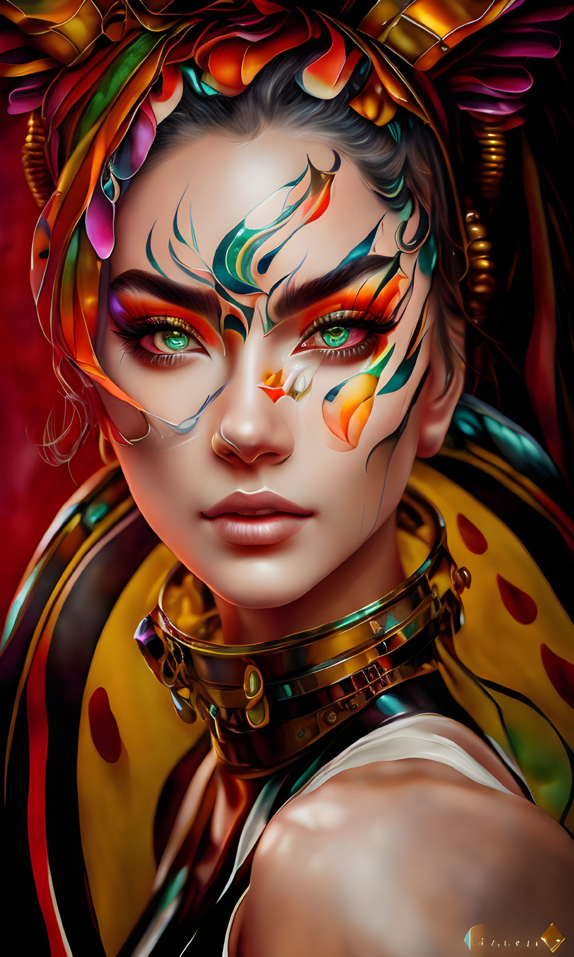 Colorful Woman with Butterfly-Themed Accessories and Green Eyes