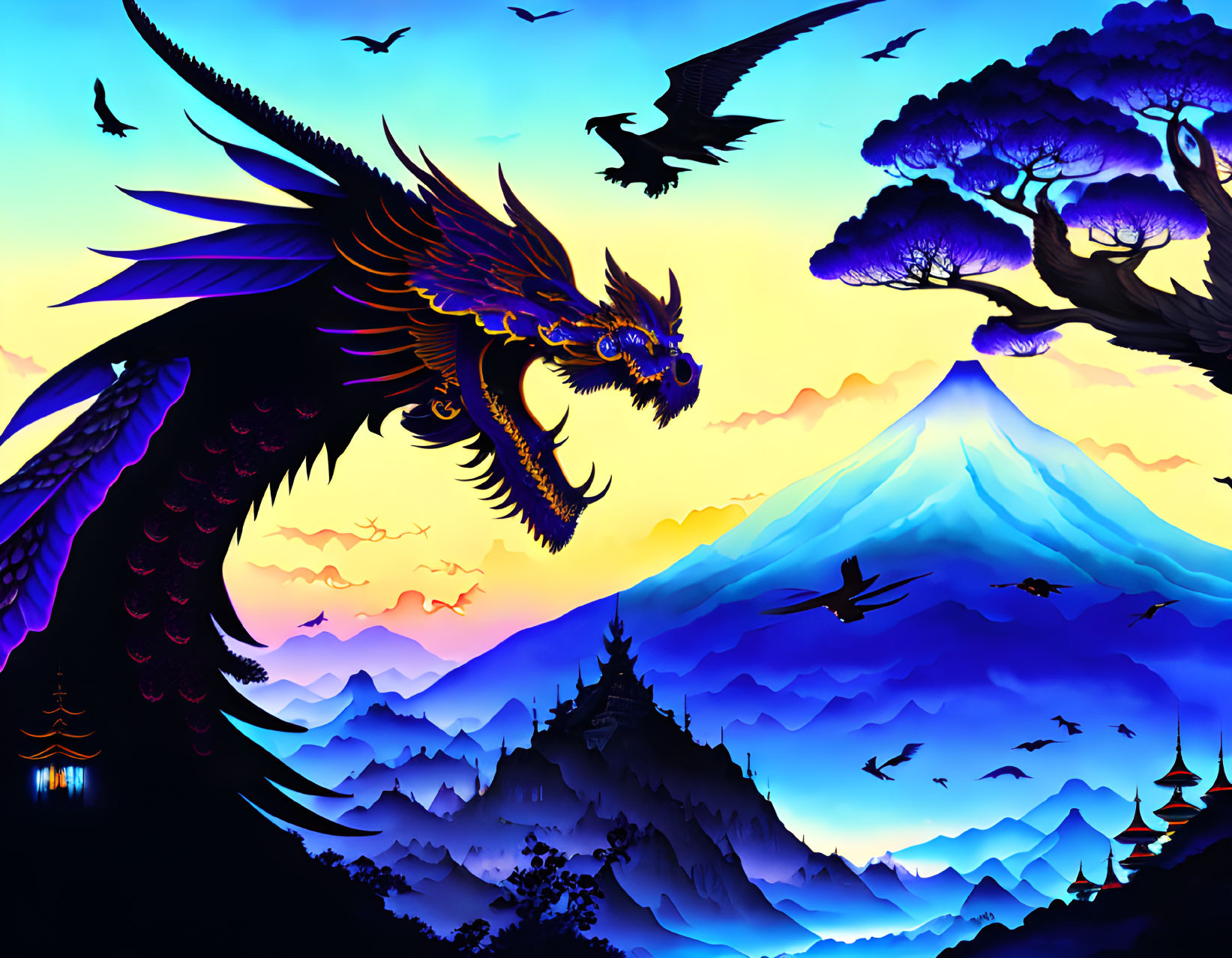 Majestic dragon flying over mythical landscape with pagodas and mountains