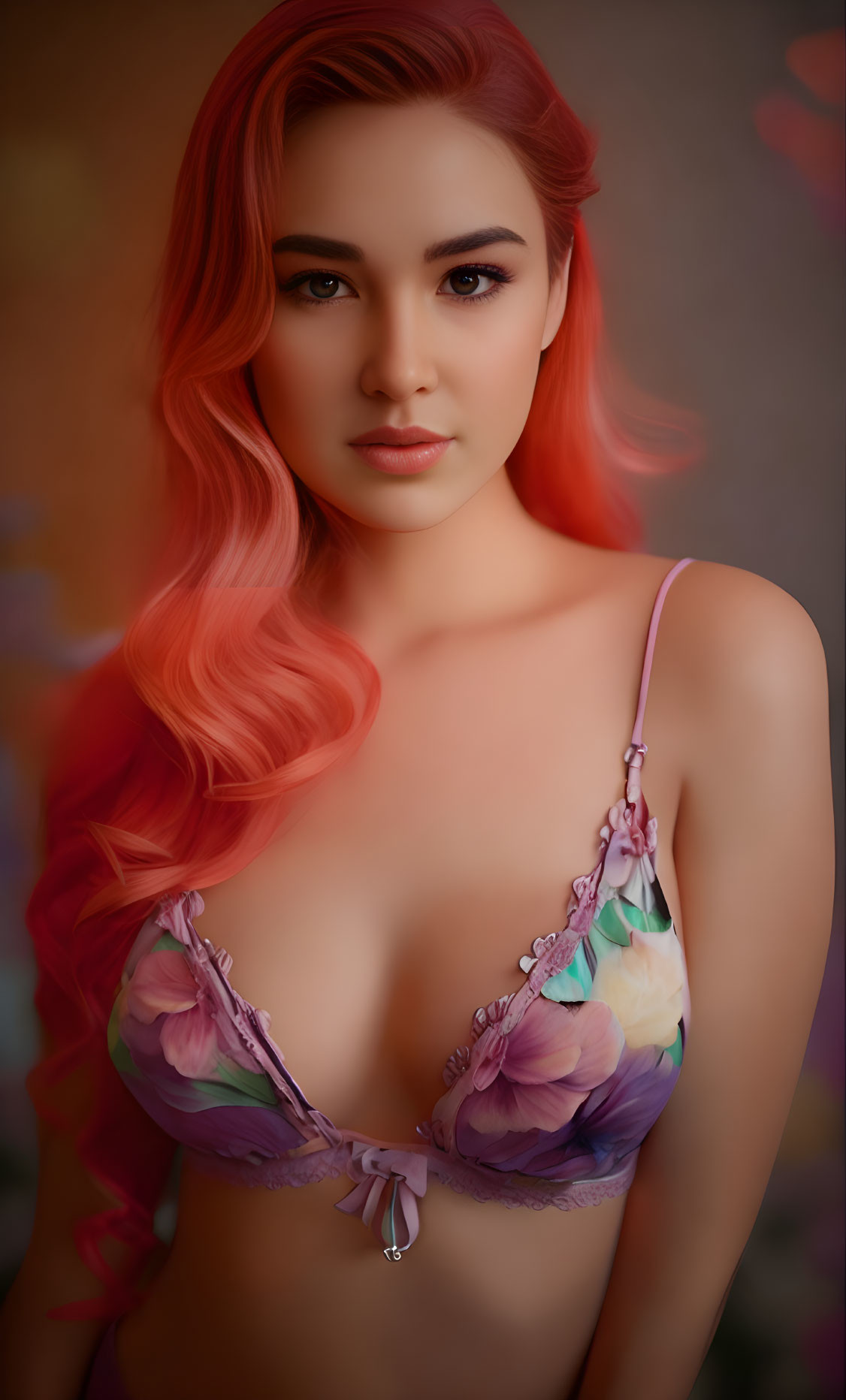 Red-haired woman in floral bra against soft background