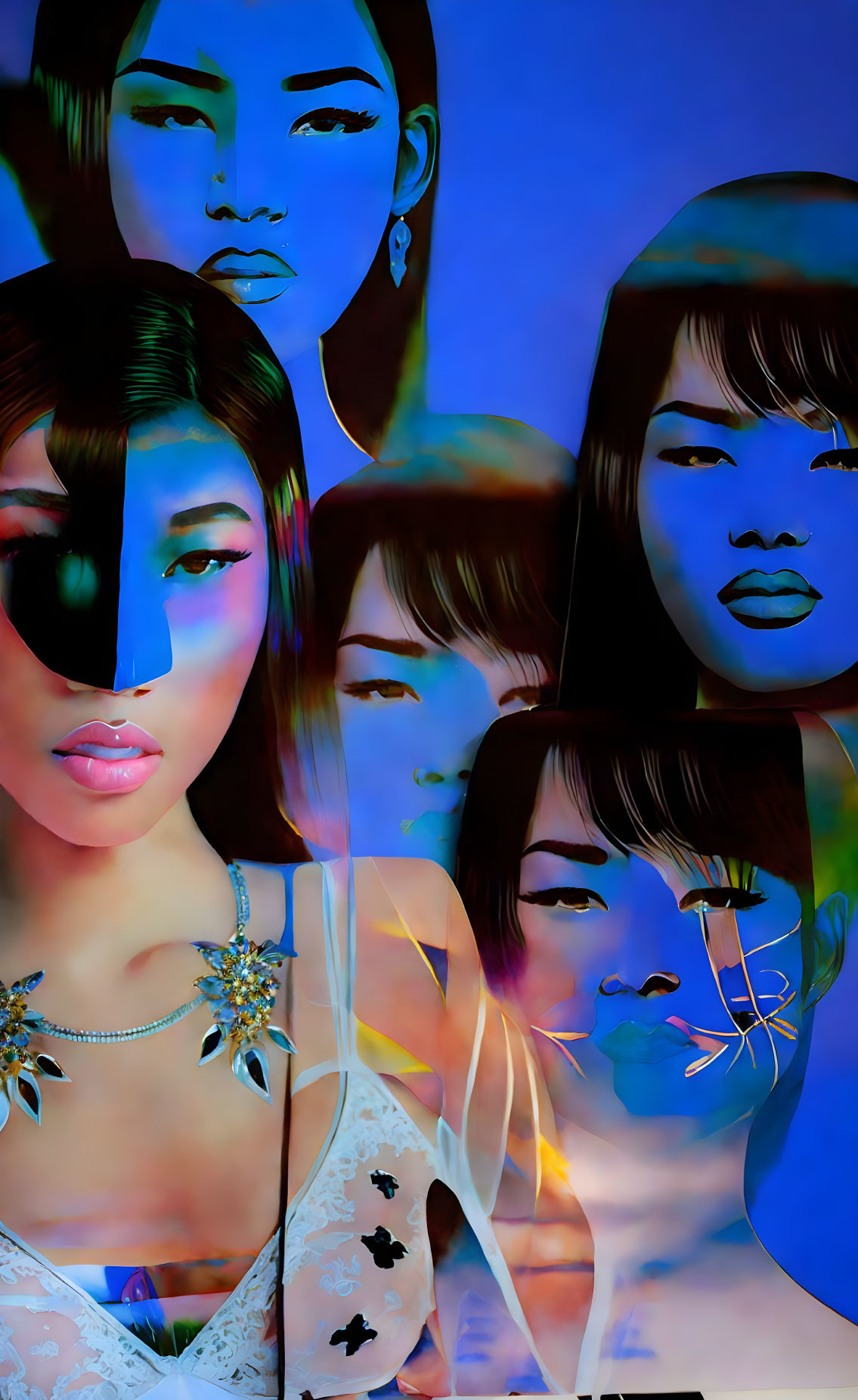 Stylized female faces with varied expressions in blue hues & bright contrast