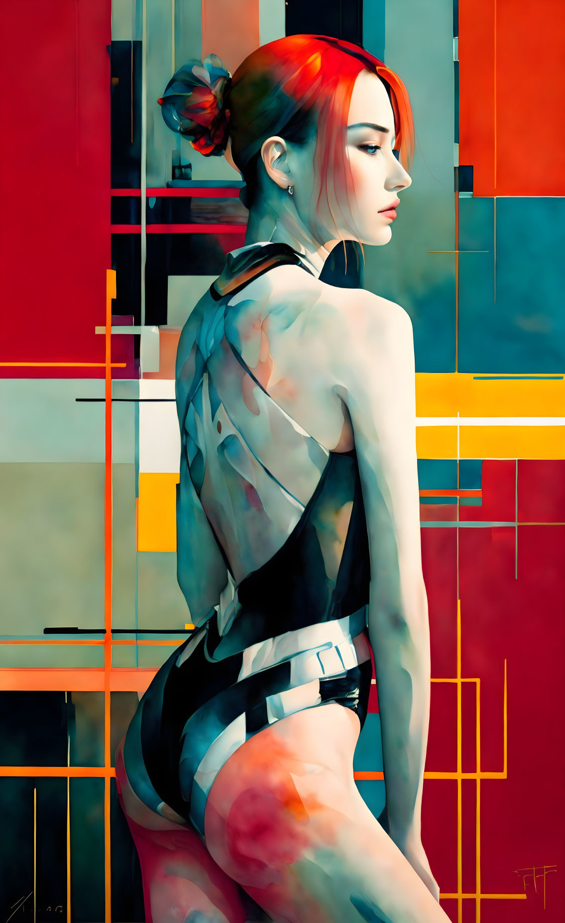 Digital artwork: Female figure with red hair in futuristic outfit on multicolored background