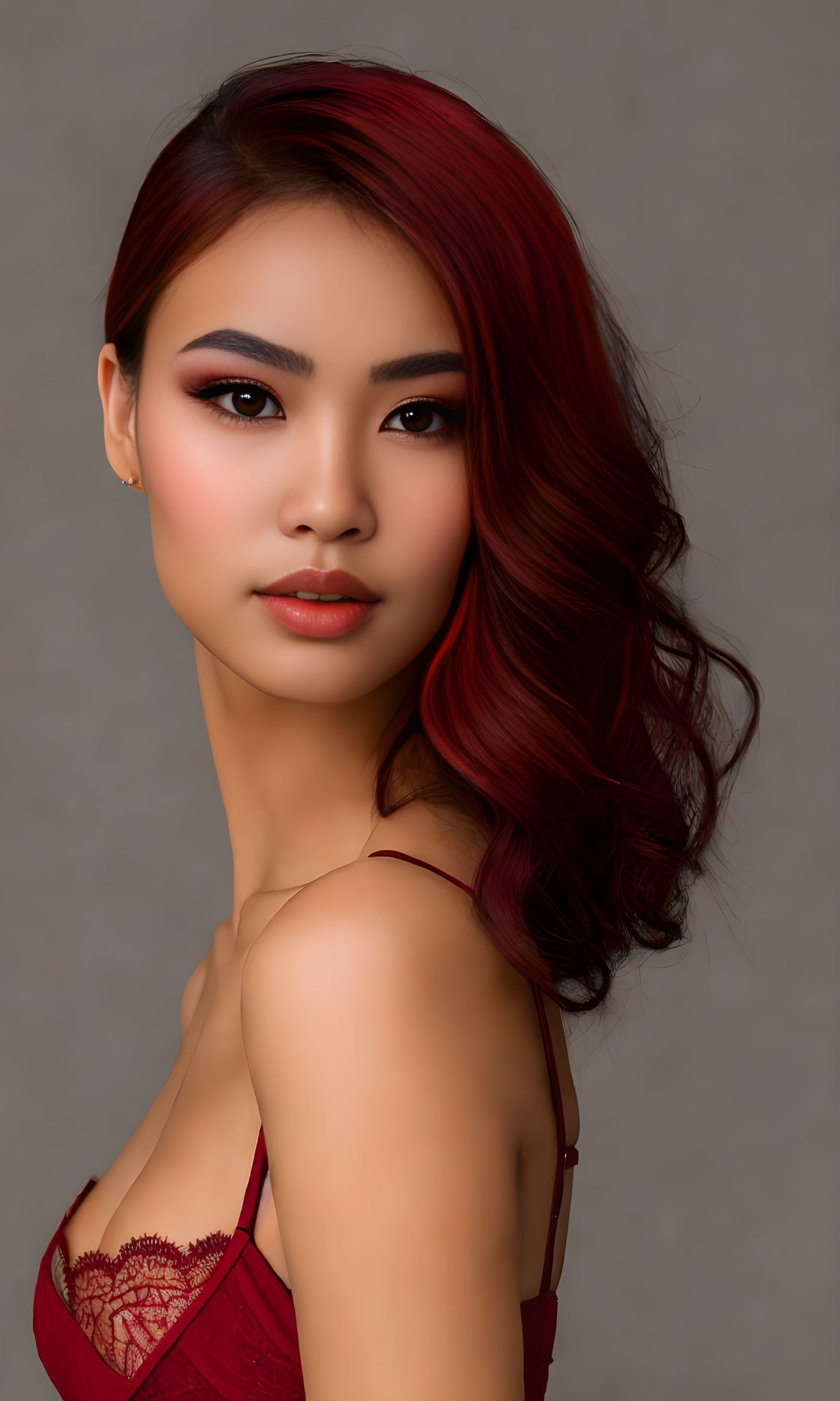 Red-haired woman in burgundy dress against grey backdrop