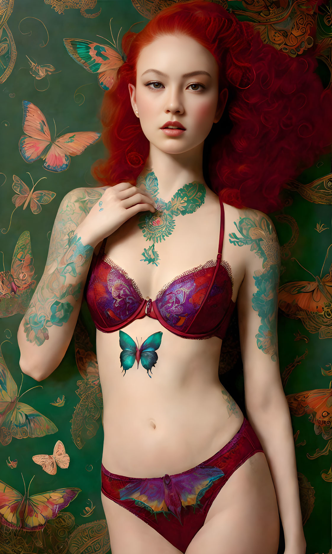 Striking red-haired woman in colorful lingerie with intricate patterns and butterflies