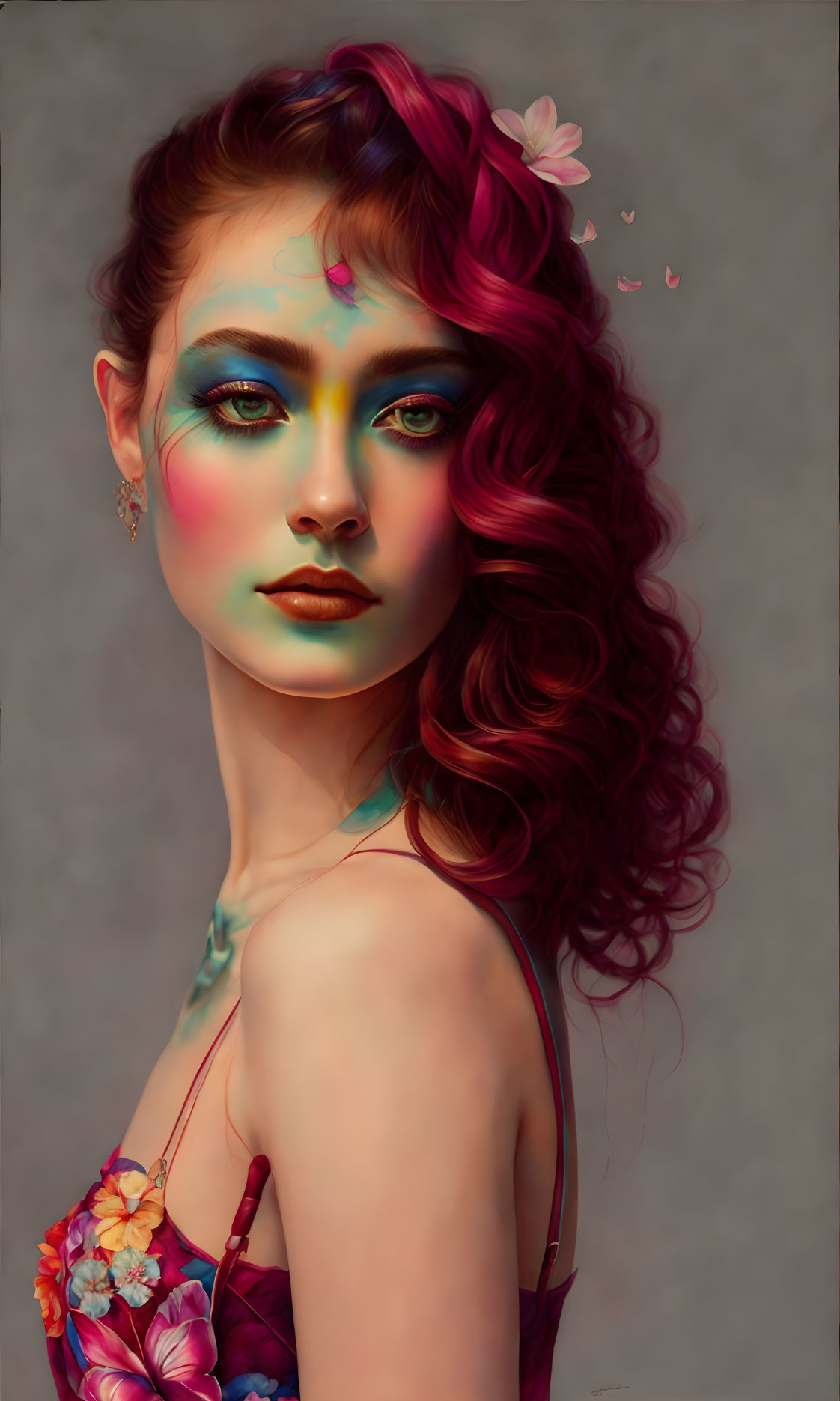 Vibrant makeup and curly red hair portrait against muted background