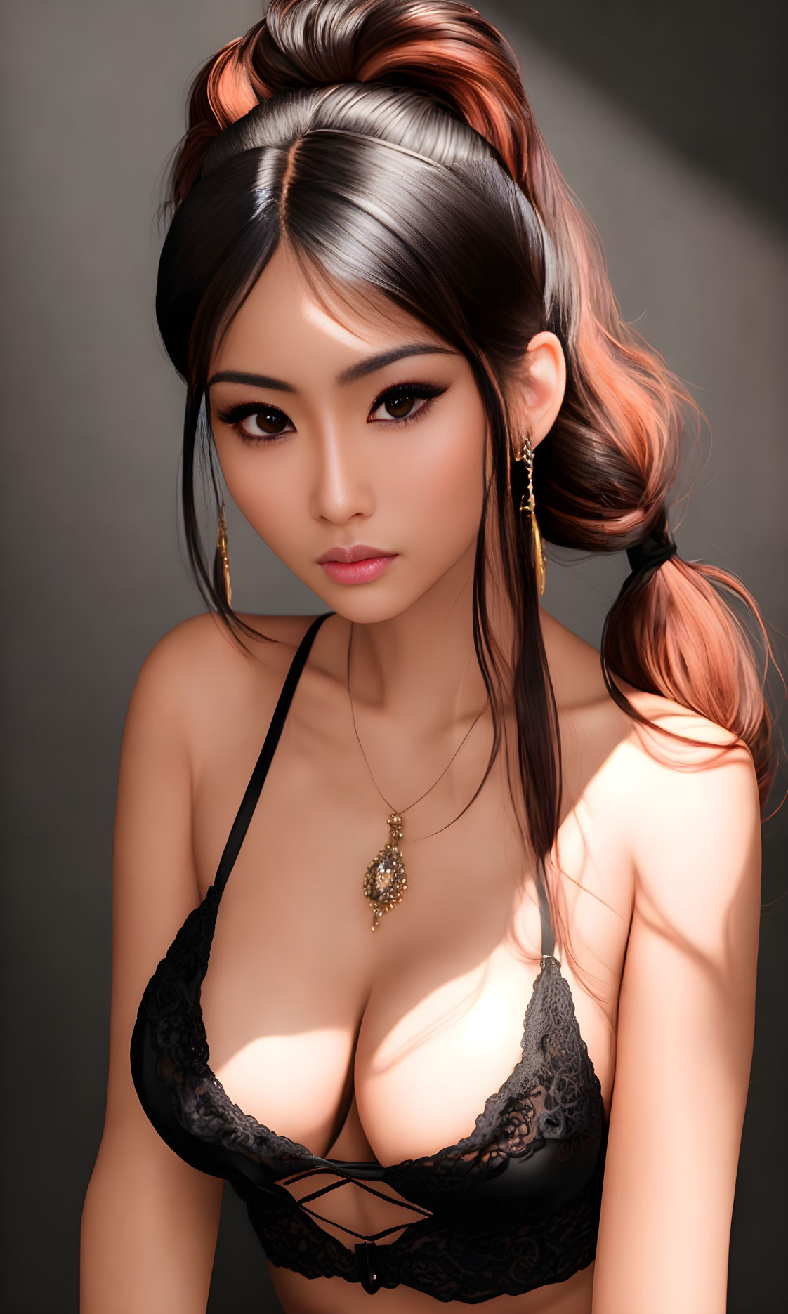 Digital Artwork: Woman with Intricate Hairstyle, Black Lace Garment, Pendant Necklace